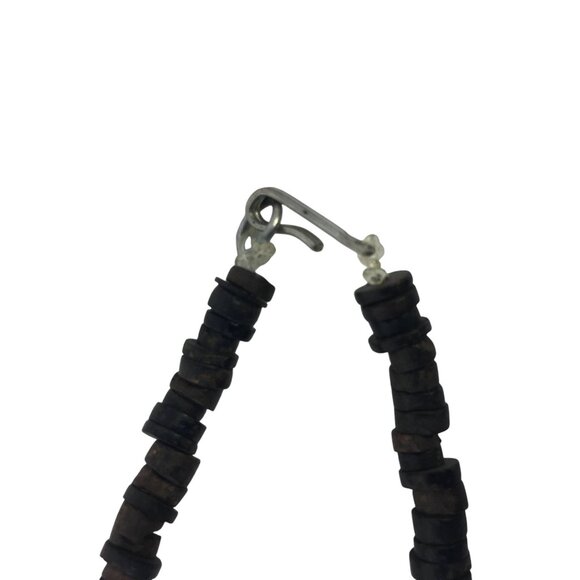 Vintage Dark Light Brown Wood Beaded Necklace Mini Metal Cowbell Bohemian - Picture 4 of 5